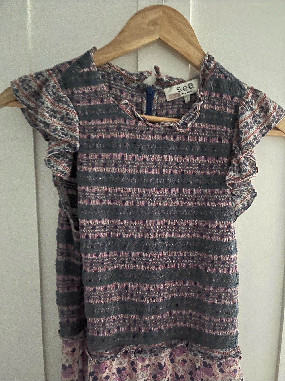 Sea New York Gray and Pink Striped Midi Dress with Floral Hem
